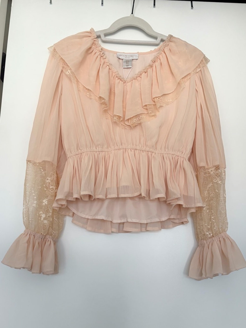 Caroline Constas Silk Ruffle Lace Blouse NWT Blush Pink Size S
